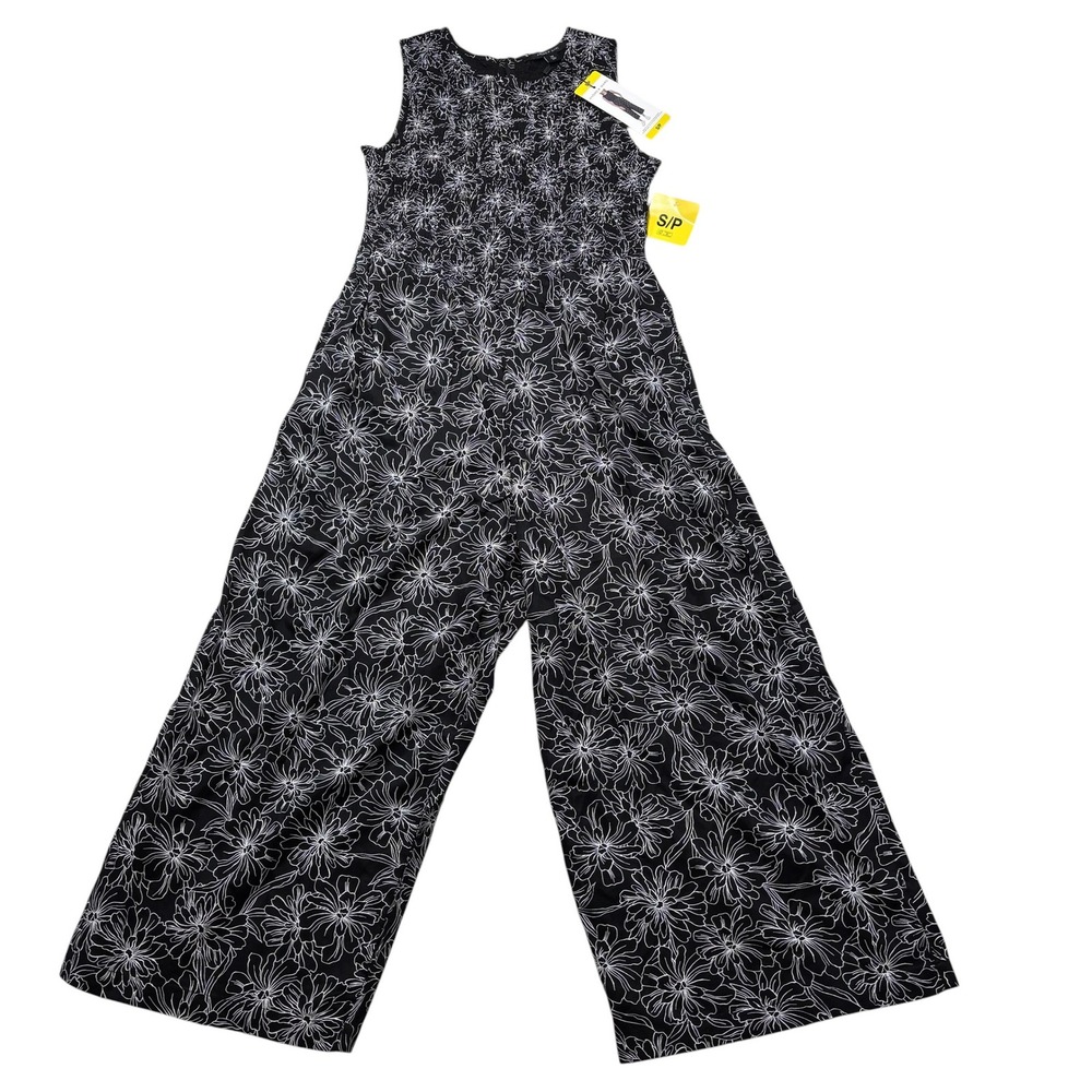 Andrew Marc Womens Black White Floral‎ Smocked Wide Leg Jumpsuit S NWT #782